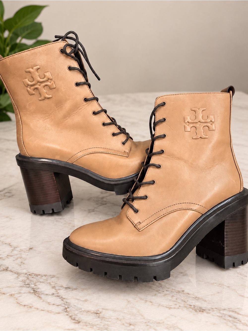 Tory Burch Beige/Tan Lace-Up Lug Heel Boots